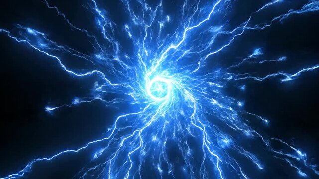 A vertical animation of an abstract blue electric surge. Powerful lightning bolts converge and explode. Futuristic VFX for a technology or sci-fi concept
