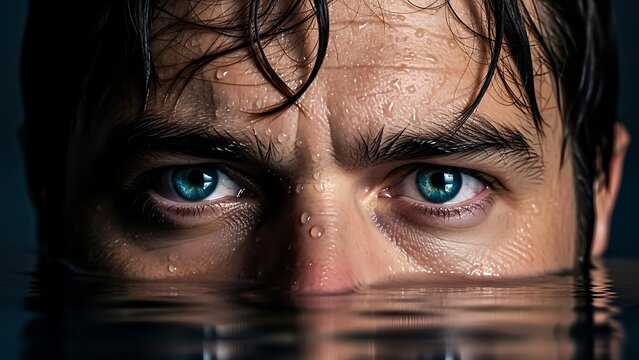 Intense gaze of a man with striking blue eyes emerging from water