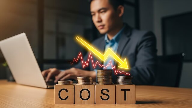 A businessman is working on a laptop with a decreasing cost graph and coins, representing financial concepts