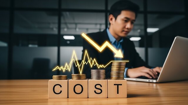 A businessman is working on a laptop with a decreasing cost graph and coins, representing financial concepts - Powered by Adobe