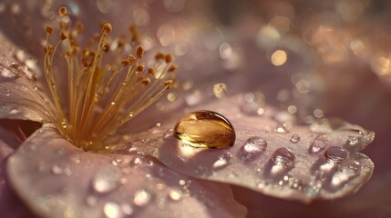 Macro Shot of Pink Flower Petal with Golden Water Droplet and Bokeh Background for Nature, Beauty, and Botanical Photography Concepts