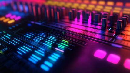Vibrant audio equalizer bars rising and falling rhythmically, glowing with colorful light in a sleek digital interface, creating a dynamic music visualization.