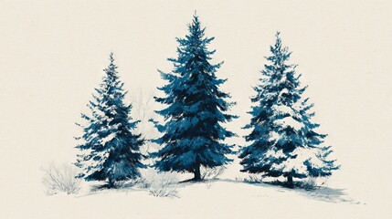 Fototapeta premium Stylized Winter Landscape with Snow-Covered Evergreen Trees in Blue and White Tones on Beige Background for Seasonal and Nature Concepts