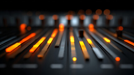 Vibrant audio equalizer bars rising and falling rhythmically, glowing with colorful light in a sleek digital interface, creating a dynamic music visualization.