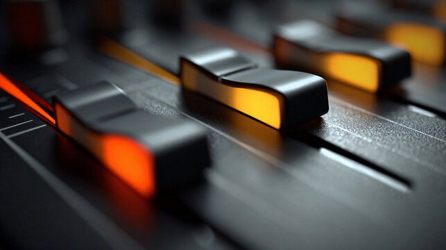 Vibrant audio equalizer bars rising and falling rhythmically, glowing with colorful light in a sleek digital interface, creating a dynamic music visualization.