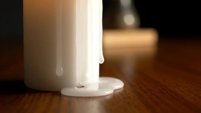 A white candle melts in a close-up view. Hot liquid wax drips slowly down its side onto a wooden table