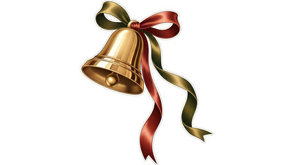 Golden Christmas bell with festive ribbons isolated on white background