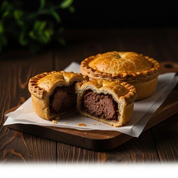 Traditional british pork pies, one whole and one cut in half revealing the savory meat filling, presented on a rustic wooden board.