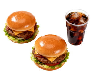 Two cheeseburgers with lettuce, tomato, and cheese served with a glass of cola and ice