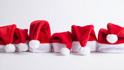 Horizontal row of multiple red and white Santa hats, arranged in various dynamic poses.