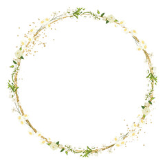 Watercolor flower wreath with gold circle frame.
