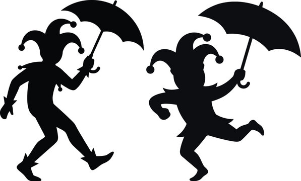 Silhouette of jesters with umbrellas whimsical black vector illustration