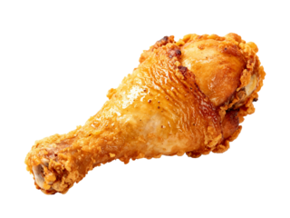 Fried chicken drumstick with crispy golden-brown coating isolated on white background