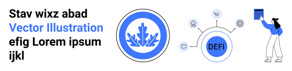 Cryptocurrency, decentralized finance, blockchain networks, financial technology, online banking, digital currency. Circular graphic motifs, icons, and a female character with digital screen