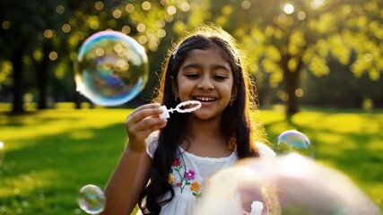 Child blowing iridescent bubbles in sunlit park outdoors creating playful atmosphere