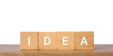 Wooden blocks with word idea for creativity and innovation, isolated on transparent background