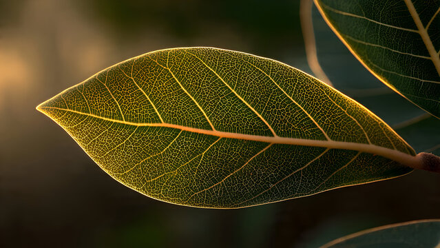 Intimate ficus macro, leaf edge and adjacent veins highlighted by soft golden hour backlight, revealing micro hair textures