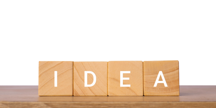 Wooden blocks with word idea for creativity and innovation, isolated on transparent background