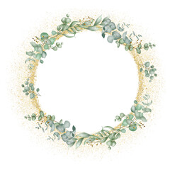 Watercolor flower wreath with gold circle frame.

