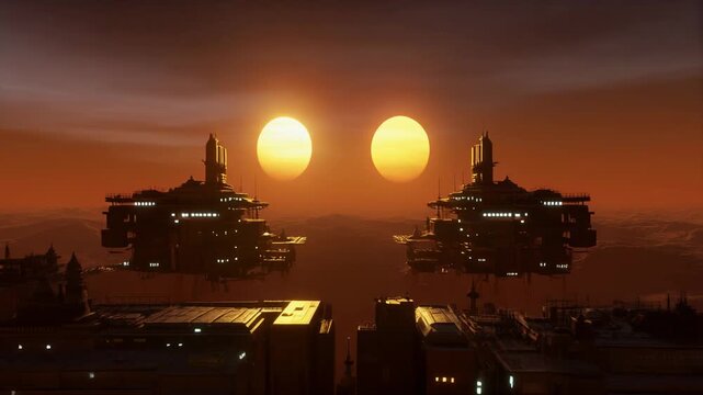 &ldquo;Space colony silhouette against fading twin suns, alien horizon glow.&rdquo; 