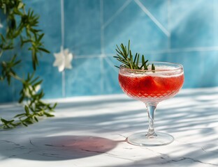 Red strawberry cocktail in crystal glass with rosemary garnish