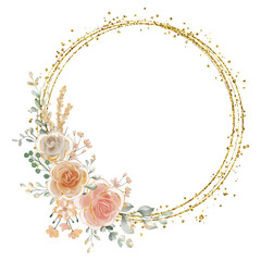 Watercolor flower wreath with gold circle frame.
