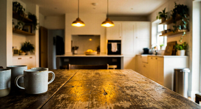 Rustic Wooden Dining Table with Coffee Mugs in Cozy Kitchen Interior