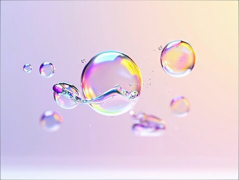 Close-up of several soap bubbles with colorful reflections, floating against a soft gradient background. - Powered by Adobe
