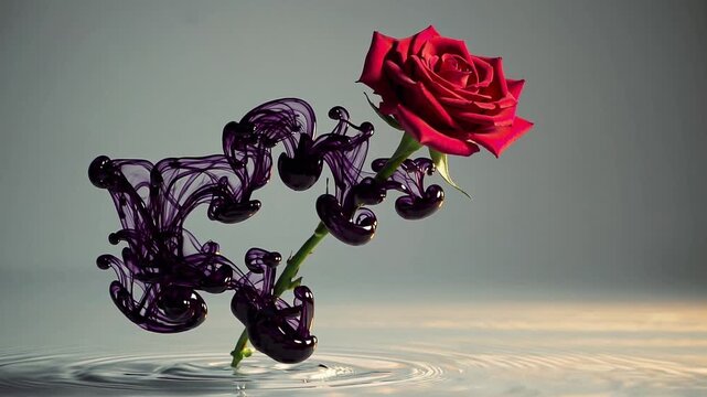 A vibrant red rose rises elegantly above the water's surface, consisting of a long green stem reaching outwards. Dark purple swirls envelop the base, enhancing the floral beauty.