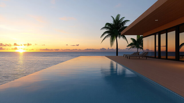 Luxurious beachfront bungalow infinity pool sunset palm tree tropical ocean serene view