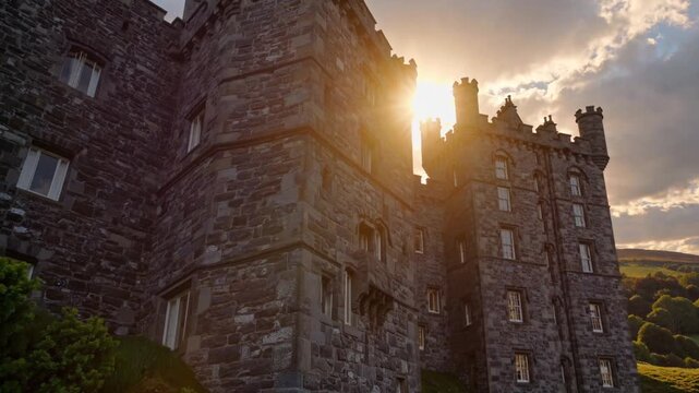 The stone castle stands tall against a picturesque sunset, with sunlight gleaming through its high windows. Lush greenery surrounds the historic structure, enhancing its ancient ch