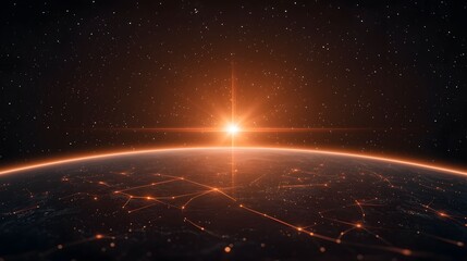 Obraz premium A digital rendering showcases a network-connected Earth with orange lights against a starry backdrop, illuminated by the radiant glow of a sunrise above the horizon for a futuristic feel.