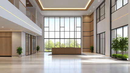 Obraz premium Modern office lobby with large windows, natural light, wood accents, and green plants