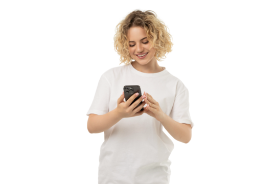 Person casually uses a smartphone, isolated on white, PNG