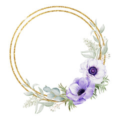 Watercolor flower wreath with gold circle frame.
