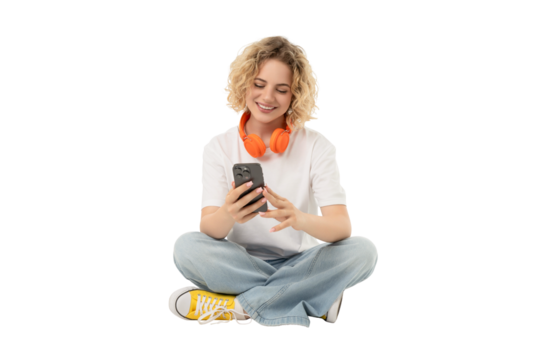 Person engages with smartphone and enjoys music, isolated, PNG