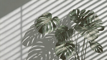 Monstera shadow with venetian blind lines on light gray wall creating striped botanical pattern with linear elements