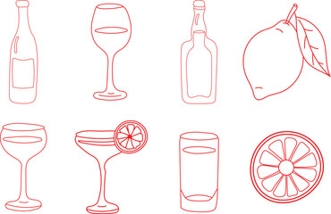 Hand drawn cocktail and fruit illustration in pink outline