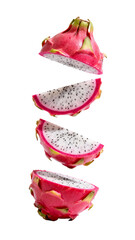 Sliced dragon fruit arranged vertically, showcasing pink skin and white flesh with black seeds