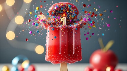 Sweet Frozen Red Pop Sicle Bursting with Colorful Sprinkles and a Festive Number One Candle, Celebrating a Joyful Milestone
