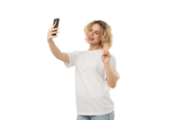 Smiling woman selfies with smartphone, isolated on white, PNG