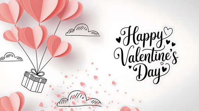Whimsical Valentine’s Day illustration with pink paper-cut heart balloons, floating gift box, hand-drawn clouds, and festive typography