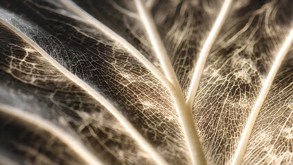 Palm leaf macro, close-up on central and lateral veins with backlighting creating glowing radiance, cellular and fibrous details