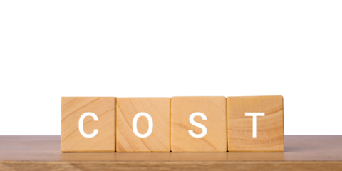 Wooden blocks with word cost for finance and budgeting, isolated on transparent background