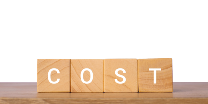 Wooden blocks with word cost for finance and budgeting, isolated on transparent background