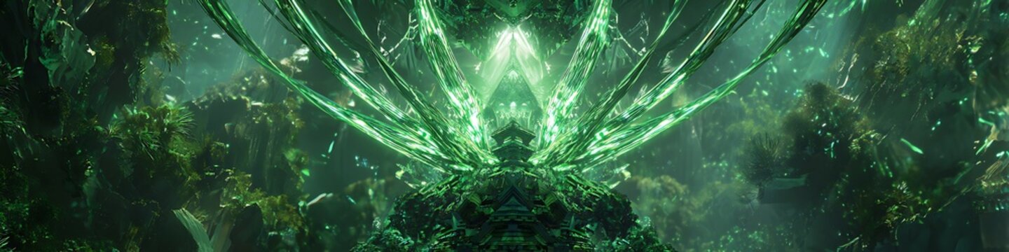 High-tech monolith mockup inside a floating jade temple with radiant energy fields