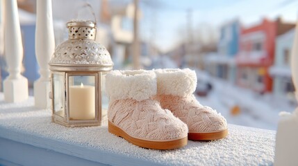 Winter lantern and cozy boots on snowy doorstep during holiday season