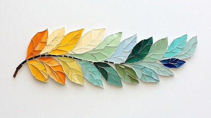 A colorful stained glass leaf branch is displayed on a white background. The leaves transition through a range of colors, creating an artistic and vibrant image