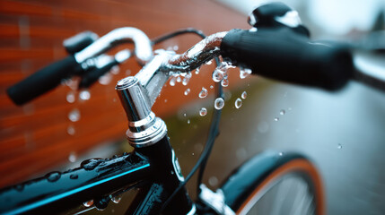 Close-up of old bicycle covered in snow and ice on handlebar and spoke