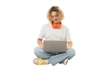 Person relaxes on floor with laptop, isolated on white, PNG